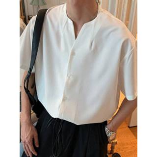 👉 Short sleeve polyester s male zwart Men V-Neck Solid Color Shirt