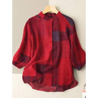 👉 Casual blouse cotton s vrouwen marine Plaid Button Stand Collar