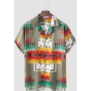 👉 Shirts korte mouw polyester s male Multi Color Mens Colorful Geometric Printed Revere Collar Short Sleeve