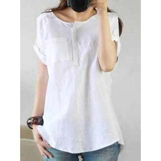👉 Short sleeve cotton s vrouwen wit Solid Color O-neck Blouse