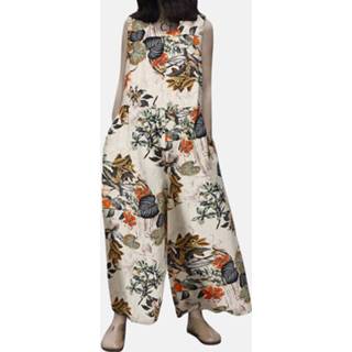 👉 Sleeveless cotton s vrouwen geel Plant Print Pocket Wide Leg Casual Jumpsuit