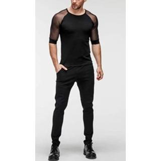 👉 Short sleeve polyester s male zwart Men See Through Mesh Slim Fit T-Shirt