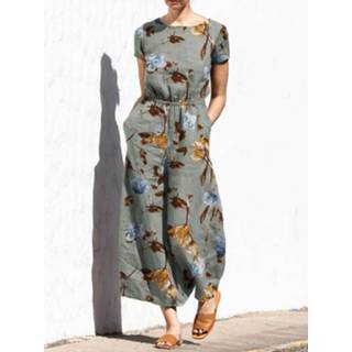 👉 Short sleeve cotton s vrouwen donkergroen Plant Print Pocket Sash Round Neck Jumpsuit