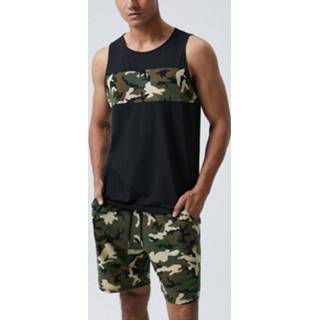 👉 Sleeveless polyester s male zwart Mens Camo Panel Crew Neck Tanks Two Pieces Outfits