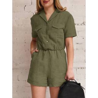 👉 Short sleeve cotton s vrouwen marine Solid Pocket Button Front Lapel Cargo Romper