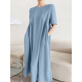 👉 Short sleeve polyester s vrouwen zwart Solid Pocket Loose Crew Neck Casual Dress