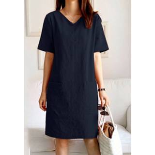 👉 Short sleeve cotton s vrouwen marine Solid Slit Hem Pocket V-neck Dress