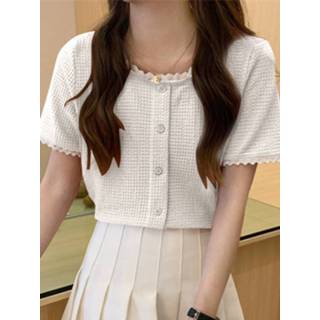 👉 Short sleeve polyester s vrouwen apricot Solid Lace Trim Button Crew Neck Blouse