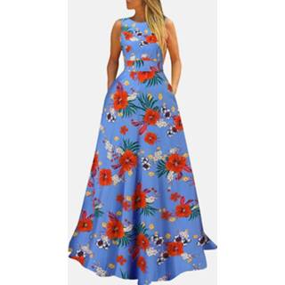👉 Sleeveless polyester s vrouwen zwart Flower Print A-line Pocket Swing Maxi Dress