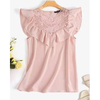 👉 Casual blouse polyester s vrouwen wit Leisure Lace Patchwork Ruffle