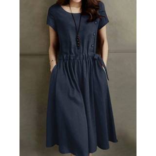 👉 Short sleeve cotton s vrouwen marine Leisure Solid Pocket Drawstring Midi Dress