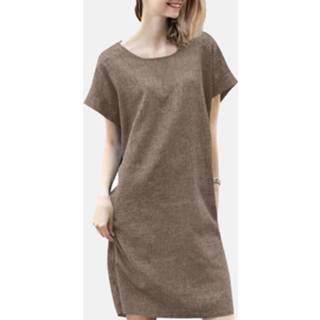 👉 Short sleeve polyester s vrouwen geel Solid Round Neck Midi Casual Dress