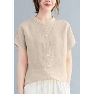 👉 Short sleeve cotton s vrouwen wit Solid Button Stand Collar Casual Blouse