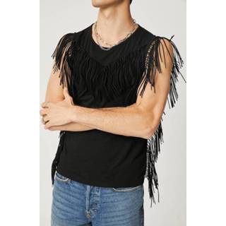 👉 Sleeveless polyester s male zwart Men Fringe Solid Color Vest