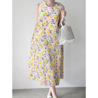 👉 Sleeveless polyester s vrouwen geel Calico Round Neck Print Dress