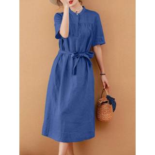 👉 Short sleeve cotton s vrouwen geel Solid Stand Collar Dress With Belt