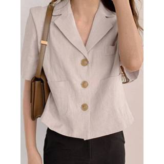 👉 Short sleeve polyester s vrouwen zwart Solid Button Lapel Women Casual Blazer