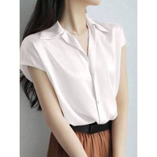 👉 Short sleeve polyester s vrouwen wit Solid Satin Button Lapel Women Shirt