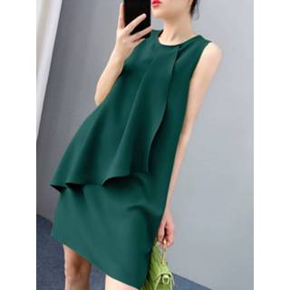 👉 Sleeveless polyester s vrouwen oranje Solid Ruffle Front Crew Neck Casual A-line Dress