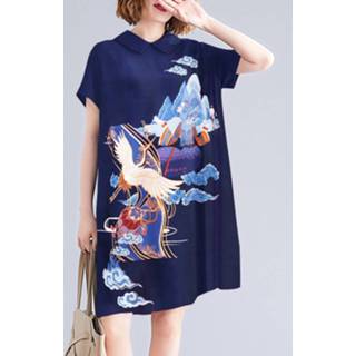 👉 Short sleeve polyester s vrouwen blauw National Style Pattern Pocket Midi Dress