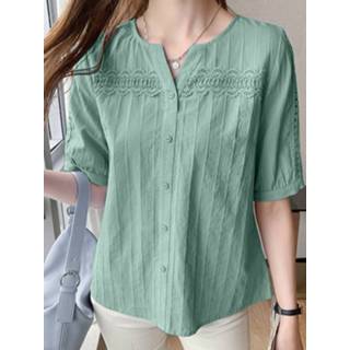 👉 Short sleeve polyester s vrouwen wit Solid Lace Panel Button Front Crew Neck Blouse