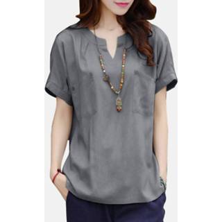 👉 Short sleeve polyester s vrouwen wit Leisure Pocket Button V Neck Blouse