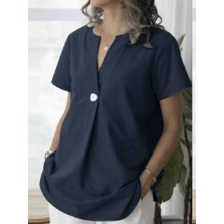 👉 Short sleeve cotton s vrouwen marine Solid Notch Neck Button Casual Blouse