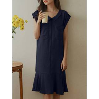 👉 Short sleeve cotton s vrouwen marine Solid Peter Pan Collar Pocket Mermaid Dress