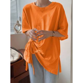 👉 Short sleeve polyester m vrouwen zwart Solid Drawstring Split Round Neck Casual T-Shirt