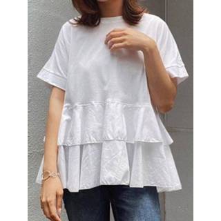 👉 Short sleeve polyester s vrouwen zwart Solid Tiered Ruffle Crew Neck Casual Blouse
