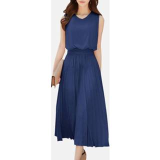 👉 Sleeveless polyester s vrouwen marine Solid Cut Out Back Pleated High Waist Tie Dress