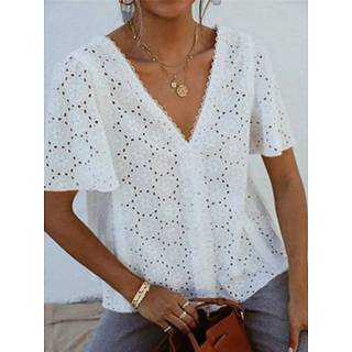 👉 Short sleeve polyester s vrouwen zwart Women Lace Hollow V-neck Solid Blouse