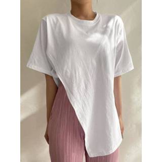 👉 Short sleeve polyester s vrouwen zwart Leisure Solid Asymmetrical Split Round Neck T-Shirt