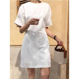 👉 Short sleeve polyester s vrouwen wit Solid Invisible Zip Crew Neck Dress