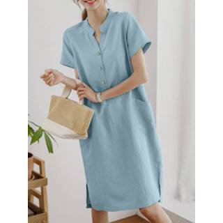 👉 Short sleeve polyester s vrouwen donkergroen Solid Pocket Button Slit Hem Casual Dress