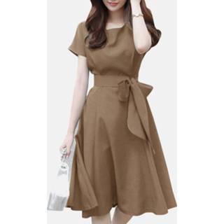 👉 Short sleeve polyester s vrouwen Dark Green Solid A-line Crew Neck Dress With Belt