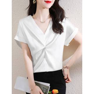 Solid Satin Twisted Rolled Short Sleeve V-neck women Blouse polyester s vrouwen zwart Short sleeve polyester s vrouwen zwart Satin Solid Twisted Rolled V-neck Women Blouse