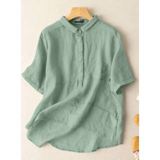 👉 Short sleeve cotton s vrouwen wit Solid Button Half Placket Pocket Lapel Blouse