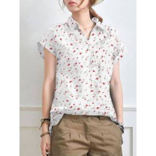 👉 Short sleeve s vrouwen donkergroen Floral Print Lapel Collar Blouse