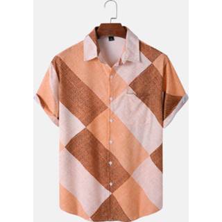 👉 Short sleeve polyester s male apricot Men Argyle Contrast Color Lapel Front Button Casual Shirts