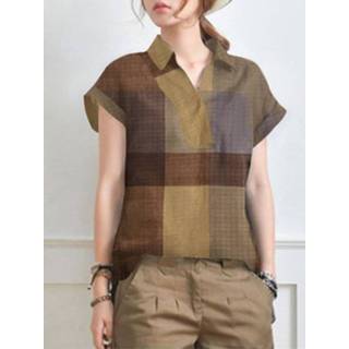 👉 Short sleeve cotton s vrouwen geel Plaid Lapel Collar Blouse