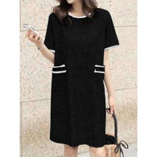 👉 Short sleeve polyester s vrouwen zwart Contrast Color Pocket Midi Casual Dress