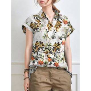 👉 Short sleeve cotton s vrouwen geel Flower Print Lapel Collar Blouse