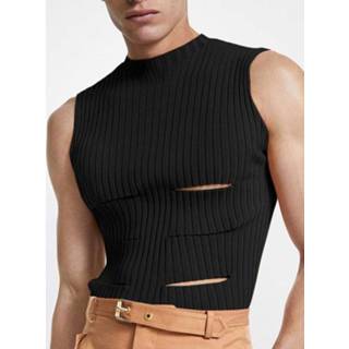👉 Sleeveless polyester m male zwart Men Sexy Cutout Pit Strip Slim Vest
