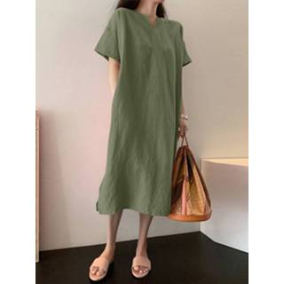 👉 Short sleeve cotton s vrouwen kaki Leisure Solid Slit Hem Casual Midi Dress
