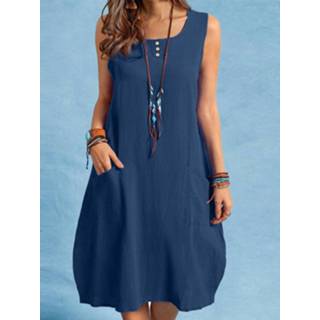 👉 Sleeveless cotton s vrouwen kaki Solid Button Pocket Casual Midi Dress