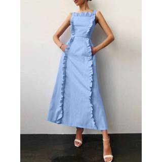 👉 Sleeveless polyester s vrouwen zwart Solid Ruffle Pocket Square Collar Maxi Dress