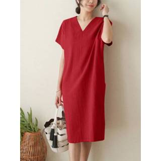 👉 Short sleeve cotton s vrouwen rood Solid V Neck Casual Midi Dress