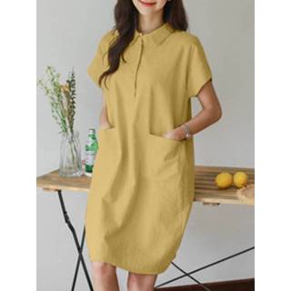 👉 Short sleeve cotton s vrouwen geel Solid Button Lapel Pocket Dress