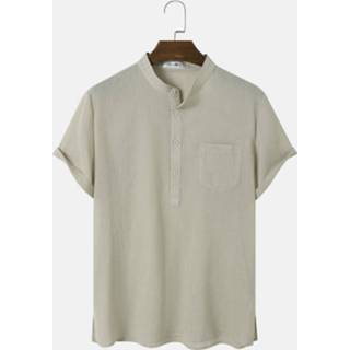 👉 Short sleeve linnen polyester s male apricot Mens Solid Color Side Split Cotton Linen Henley Shirts